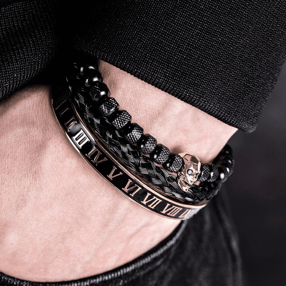 Conjunto 3 Pulseiras Caveira OLD SKULL - Joia em Aço Inoxidável Banhada em Ouro e Prata - SUPER PROMOÇÃO! - Lojas Promorin