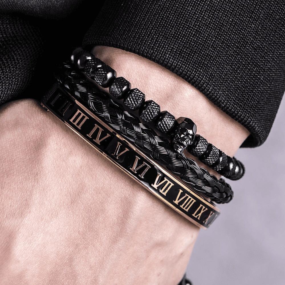 Conjunto 3 Pulseiras Caveira OLD SKULL - Joia em Aço Inoxidável Banhada em Ouro e Prata - SUPER PROMOÇÃO! - Lojas Promorin