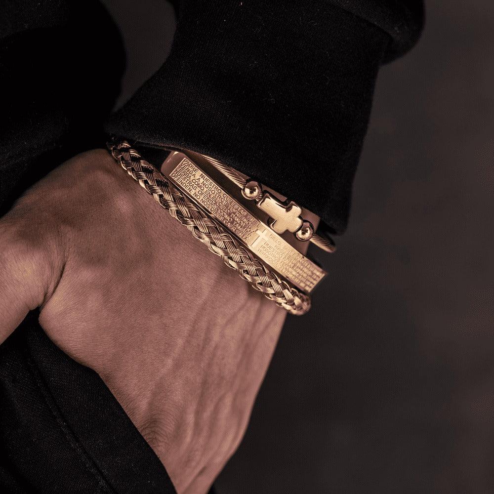 Conjunto 3 Pulseiras Crucifixo PAI NOSSO - Joia em Aço Inoxidável Banhada em Ouro e Prata - Lojas Promorin