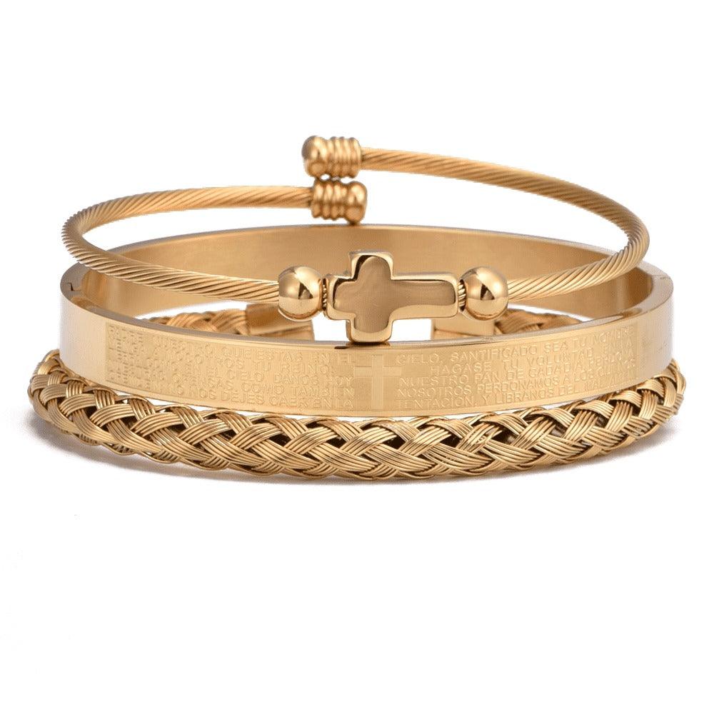 Conjunto 3 Pulseiras Crucifixo PAI NOSSO - Joia em Aço Inoxidável Banhada em Ouro e Prata - Lojas Promorin