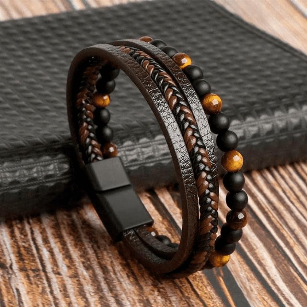 Pulseira THE MAN Em Couro De Qualidade Premium - Joia Com Pedras e Pingentes - Lojas Promorin