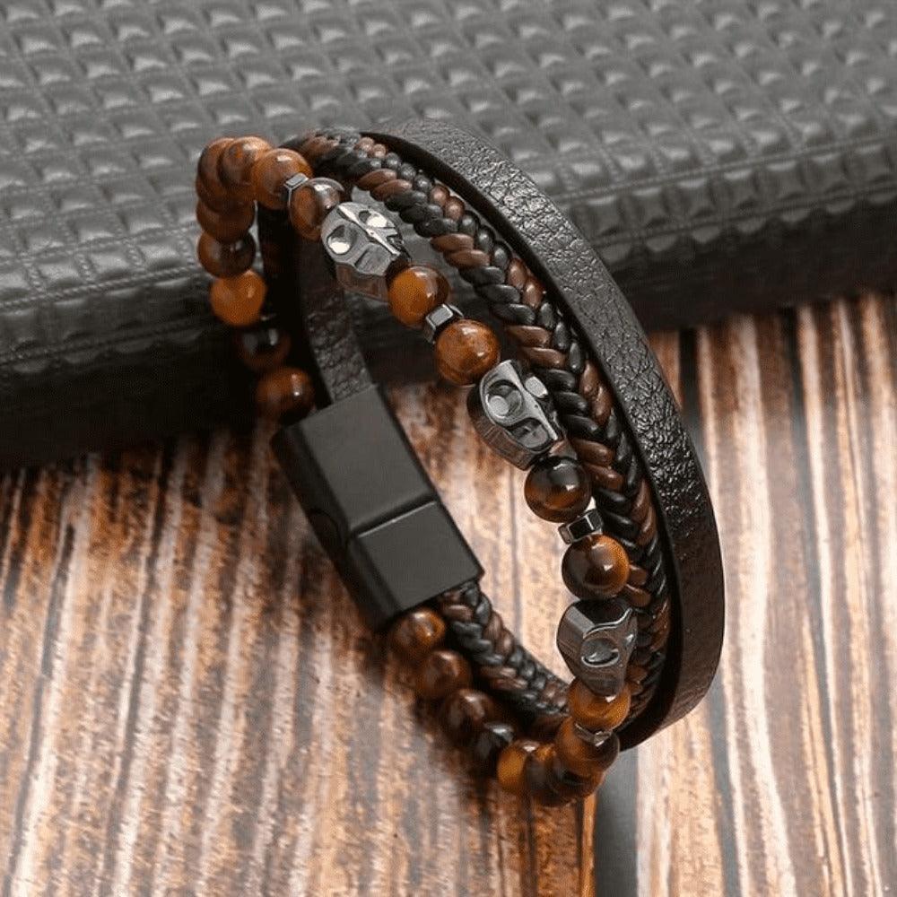 Pulseira THE MAN Em Couro De Qualidade Premium - Joia Com Pedras e Pingentes - Lojas Promorin