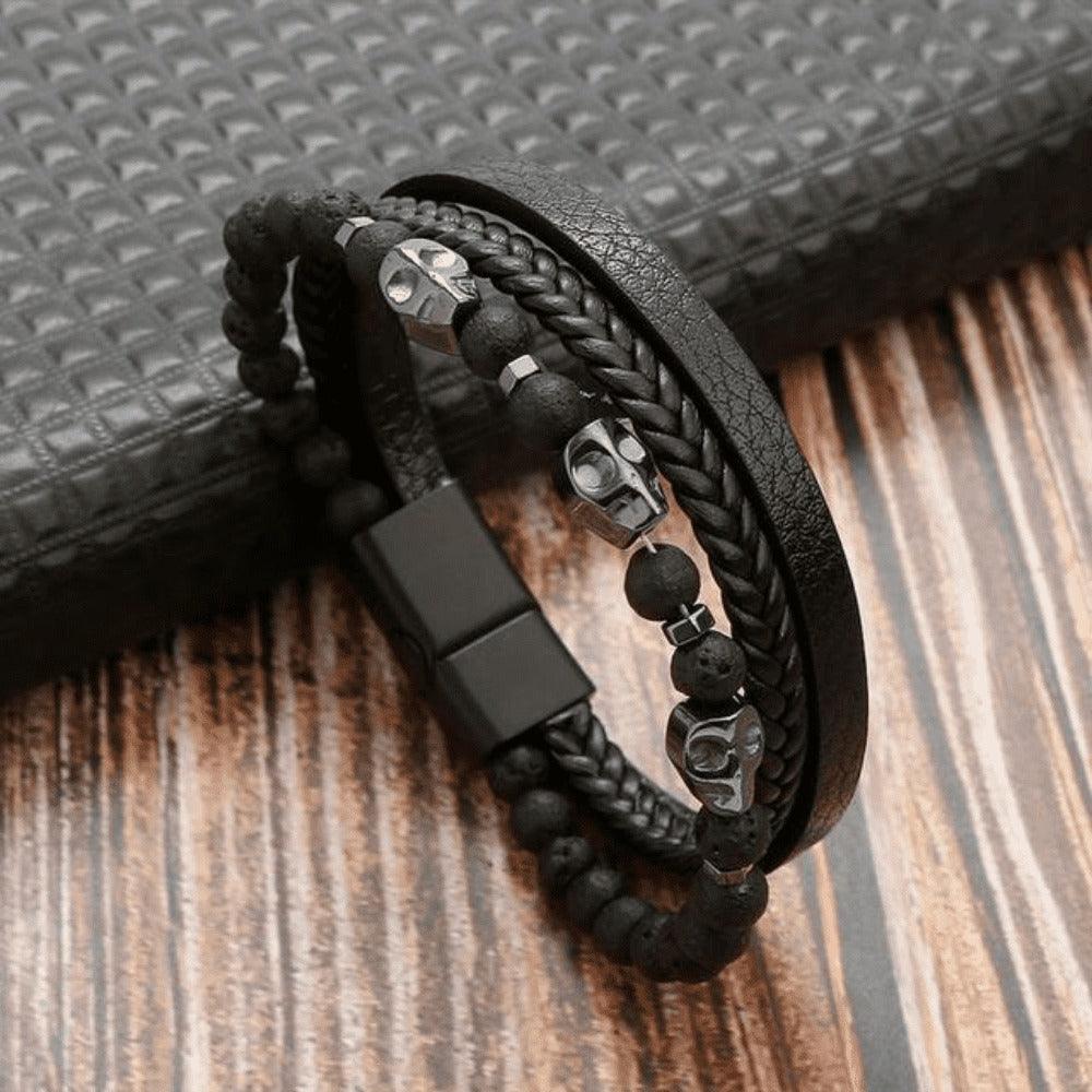 Pulseira THE MAN Em Couro De Qualidade Premium - Joia Com Pedras e Pingentes - Lojas Promorin