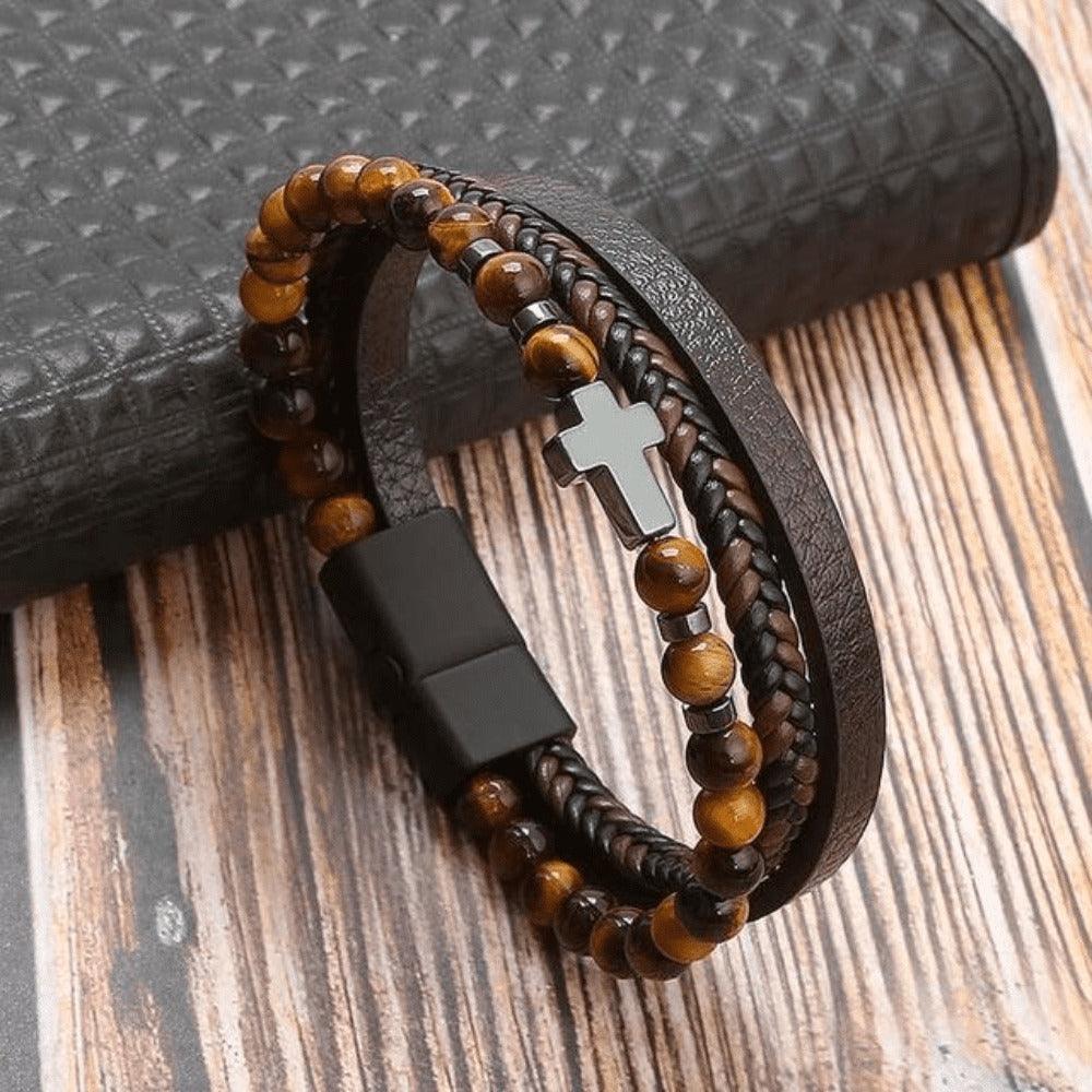 Pulseira THE MAN Em Couro De Qualidade Premium - Joia Com Pedras e Pingentes - Lojas Promorin