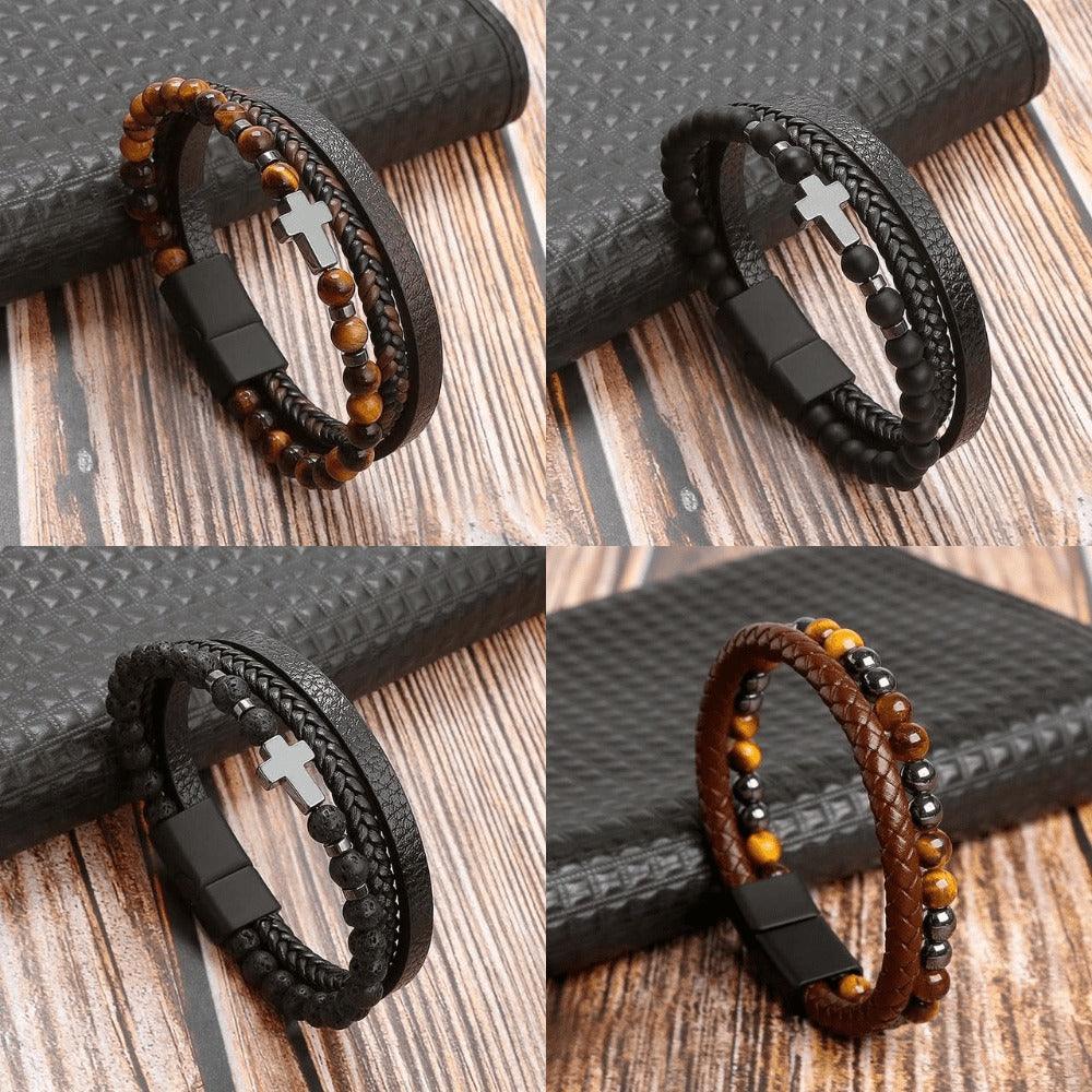 Pulseira THE MAN Em Couro De Qualidade Premium - Joia Com Pedras e Pingentes - Lojas Promorin