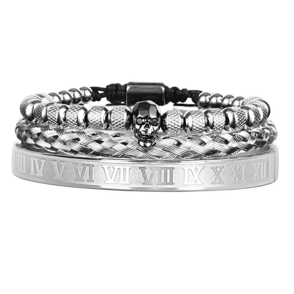 Conjunto 3 Pulseiras Caveira OLD SKULL - Joia em Aço Inoxidável Banhada em Ouro e Prata - SUPER PROMOÇÃO! - Lojas Promorin