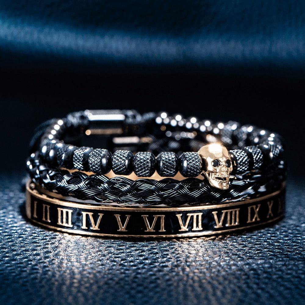Conjunto 3 Pulseiras Caveira OLD SKULL - Joia em Aço Inoxidável Banhada em Ouro e Prata - SUPER PROMOÇÃO! - Lojas Promorin