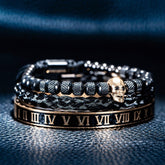 Conjunto 3 Pulseiras Caveira OLD SKULL - Joia em Aço Inoxidável Banhada em Ouro e Prata - SUPER PROMOÇÃO! - Lojas Promorin