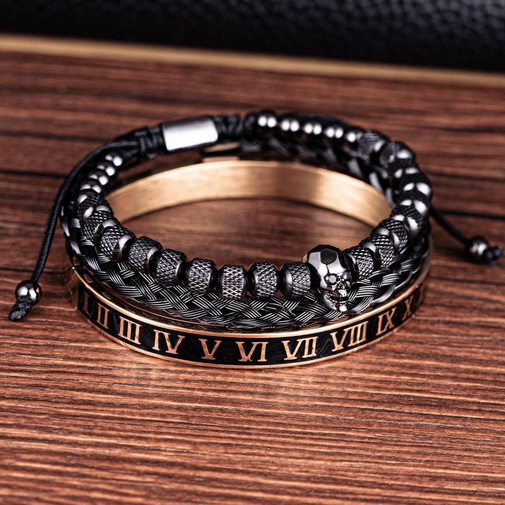 Conjunto 3 Pulseiras Caveira OLD SKULL - Joia em Aço Inoxidável Banhada em Ouro e Prata - SUPER PROMOÇÃO! - Lojas Promorin