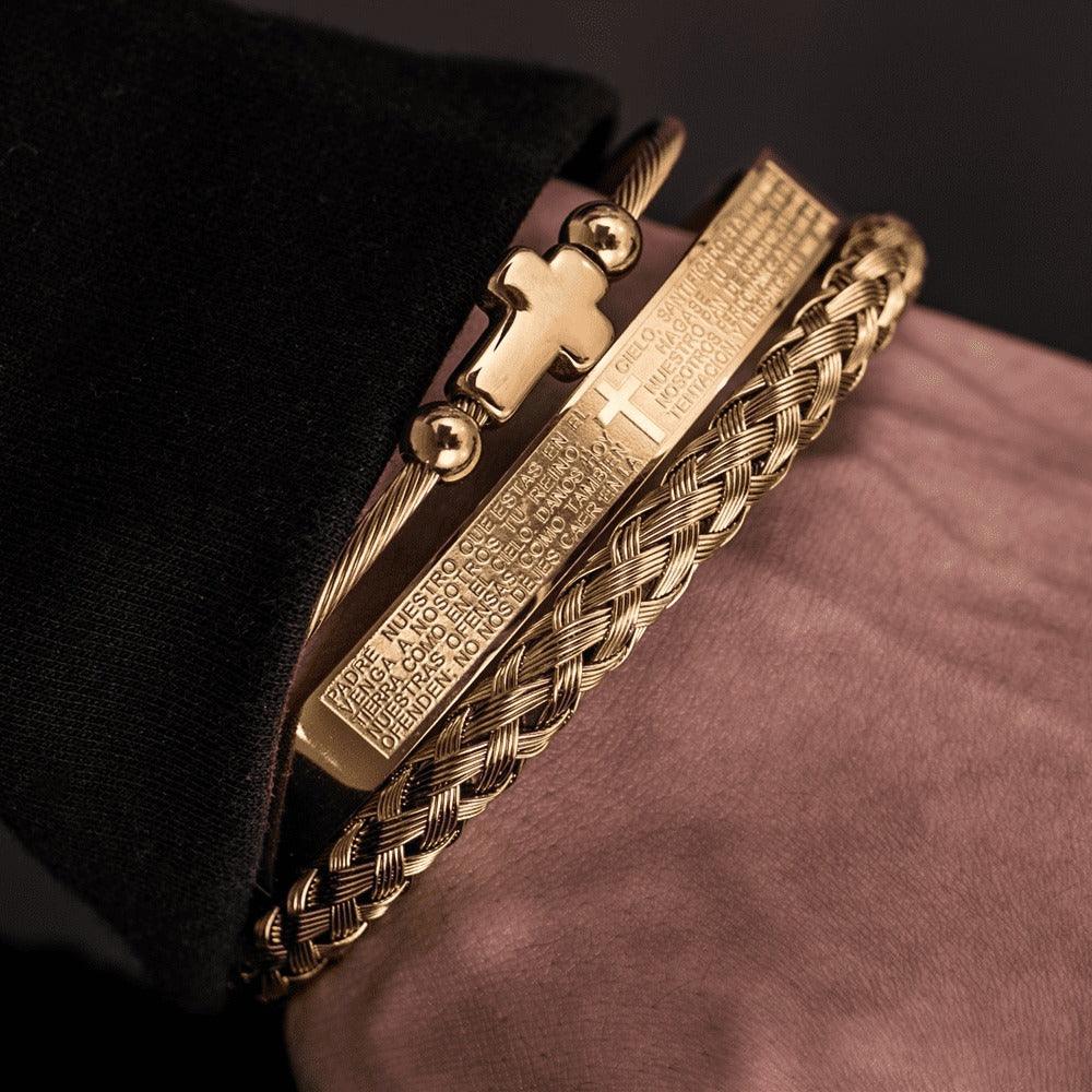 Conjunto 3 Pulseiras Crucifixo PAI NOSSO - Joia em Aço Inoxidável Banhada em Ouro e Prata - Lojas Promorin