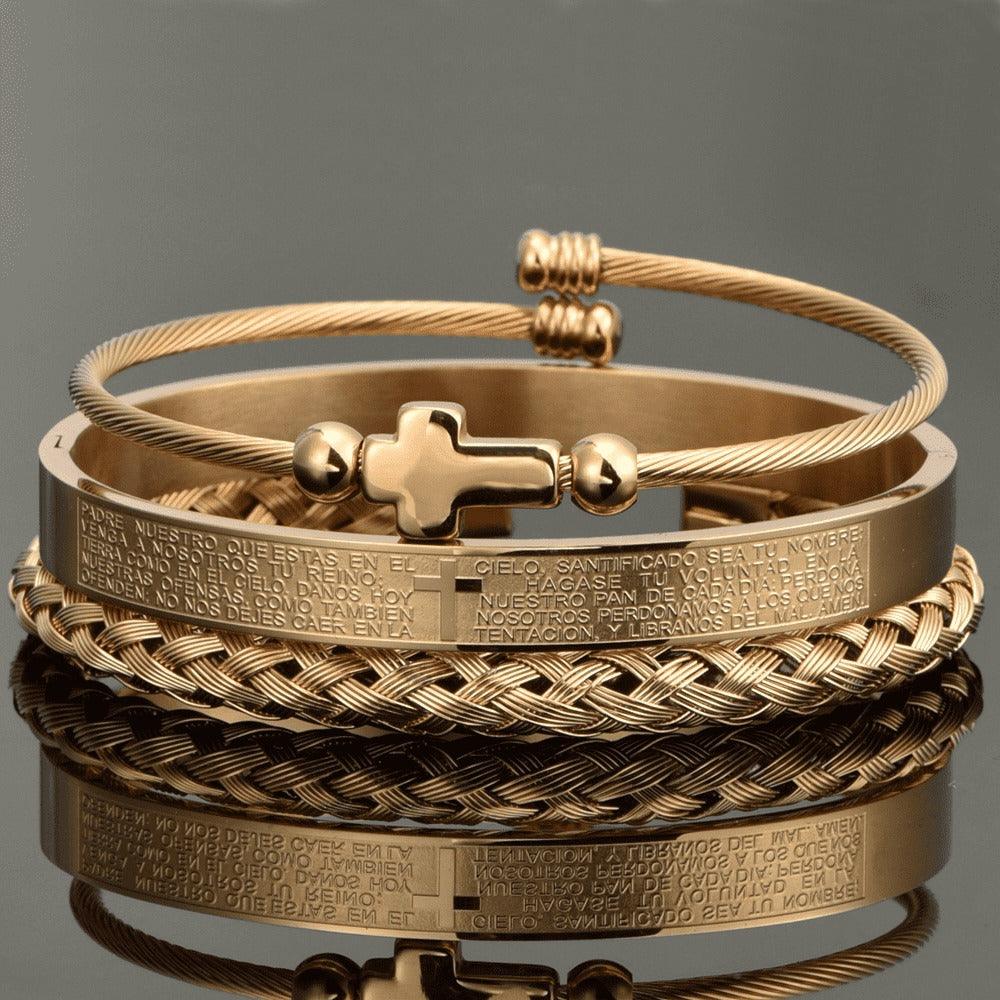 Conjunto 3 Pulseiras Crucifixo PAI NOSSO - Joia em Aço Inoxidável Banhada em Ouro e Prata - Lojas Promorin