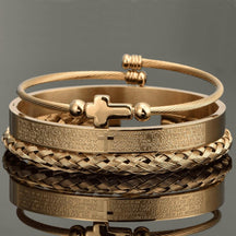 Conjunto 3 Pulseiras Crucifixo PAI NOSSO - Joia em Aço Inoxidável Banhada em Ouro e Prata - Lojas Promorin