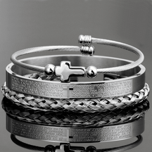 Conjunto 3 Pulseiras Crucifixo PAI NOSSO - Joia em Aço Inoxidável Banhada em Ouro e Prata - Lojas Promorin