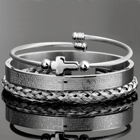 Conjunto 3 Pulseiras Crucifixo PAI NOSSO - Joia em Aço Inoxidável Banhada em Ouro e Prata - Lojas Promorin