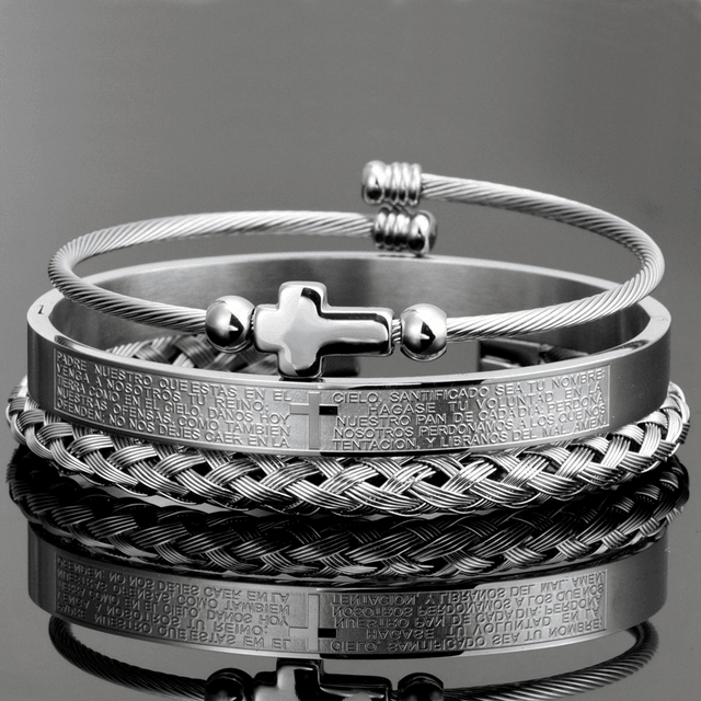 Conjunto 3 Pulseiras Crucifixo PAI NOSSO - Joia em Aço Inoxidável Banhada em Ouro e Prata - Lojas Promorin