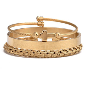 Conjunto 3 Pulseiras Crucifixo PAI NOSSO - Joia em Aço Inoxidável Banhada em Ouro e Prata - Lojas Promorin
