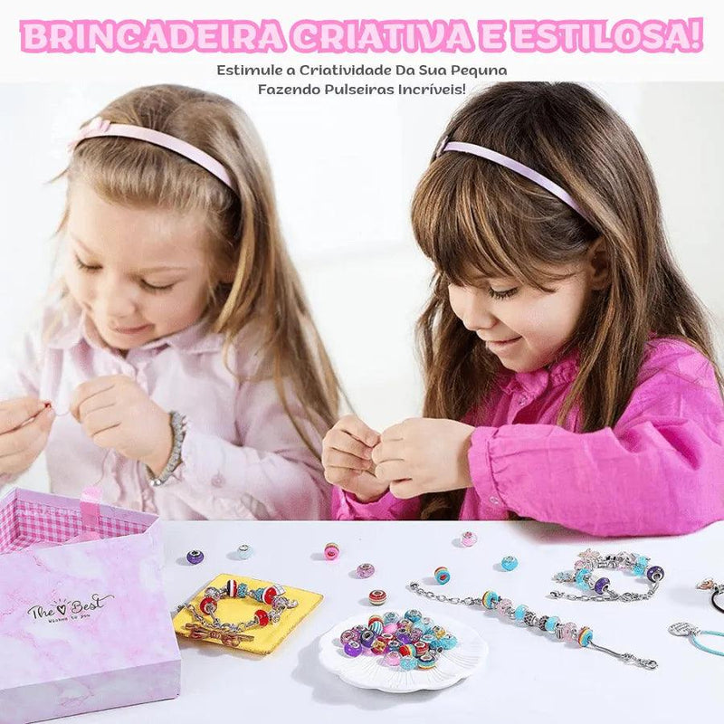 Kit De Pulseira e Berloques Infantil Com 64 Peças- Uma joia Que é Brincadeira Divertida Para Sua Menina - Lojas Promorin